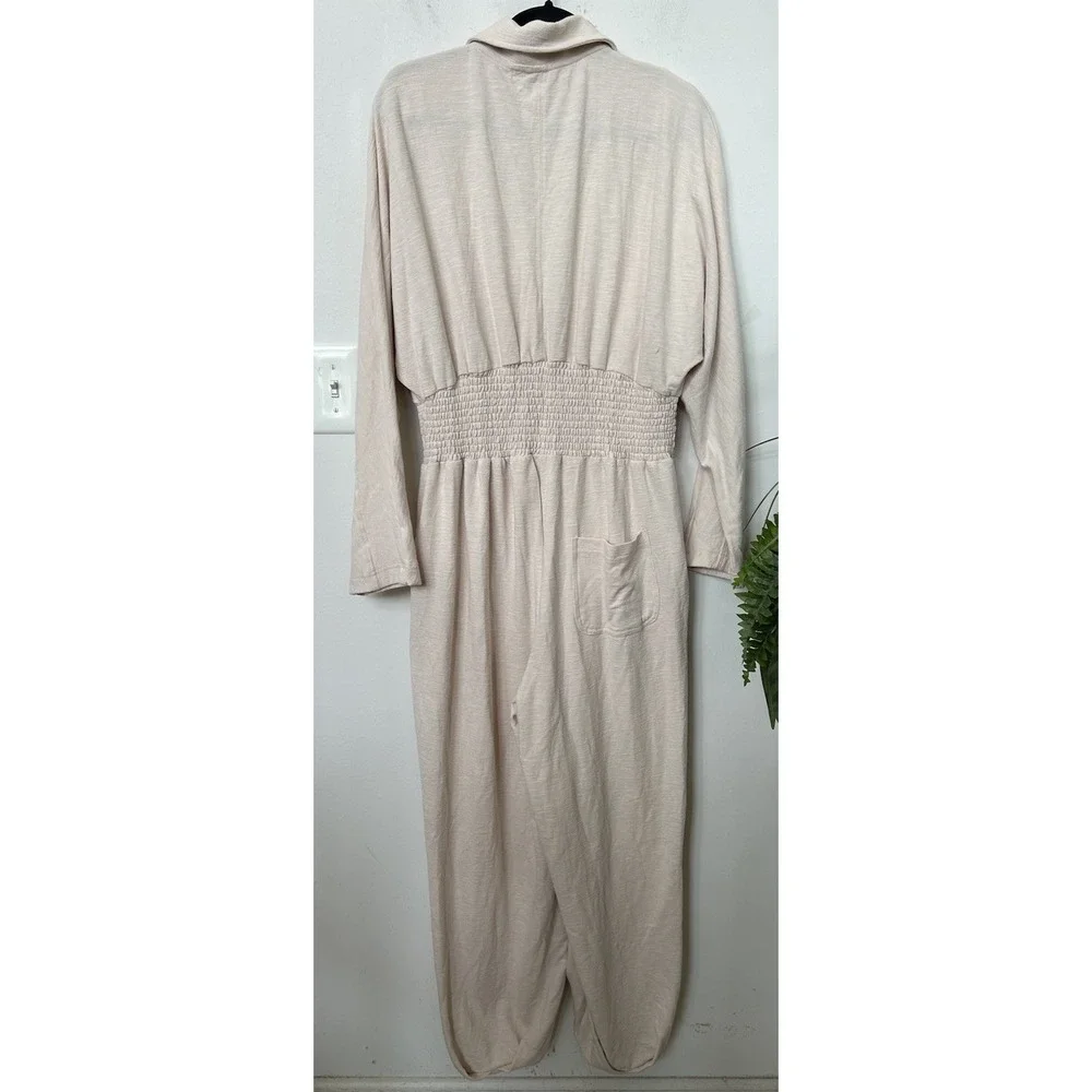 Free People Blair Jumpsuit M Cream Smocked Waist Cotton Knit Boho Loungewear